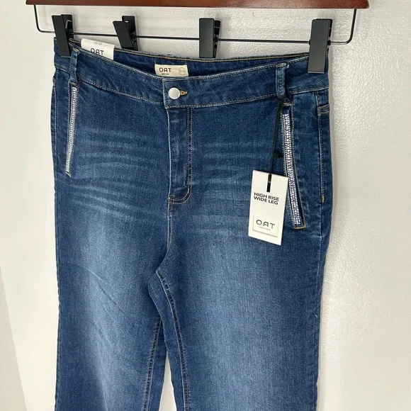 OAT NEW YORK NWT High Rise Wide Leg Jeans 10/30 Rhinestone Pocket Raw Hem - Picture 4 of 16